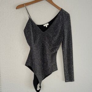 Sparkly Silver Black Bodysuit Rhinestone Strap Long Sleeve Glam Going Out NYE